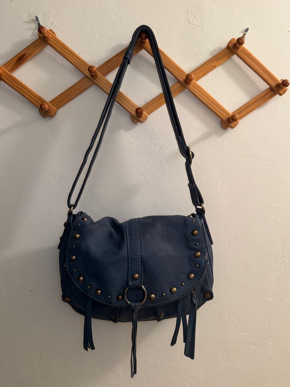 Lucky Brand Blue Leather Studded Fringe Crossbody Saddle Bag Vintage Boho